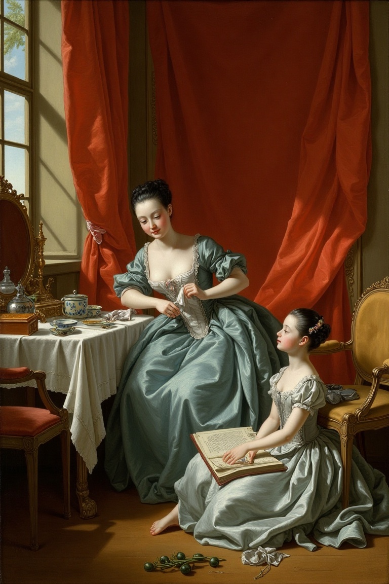 François_Boucher artstyle A detailed oil painting depicts two women in 18th-century attire. One woman,  fair-skinned with...