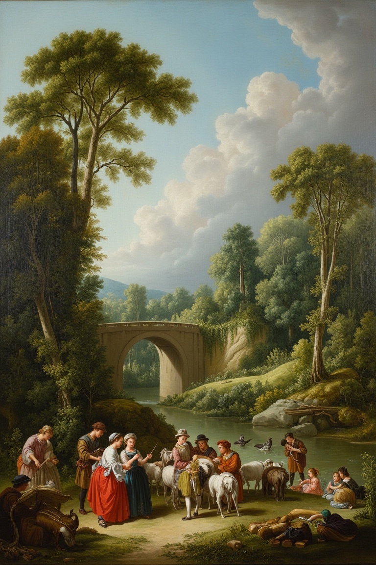 This is a detailed oil painting by François Boucher titled "The Village Festival." It depicts a pastoral scene with a grou...