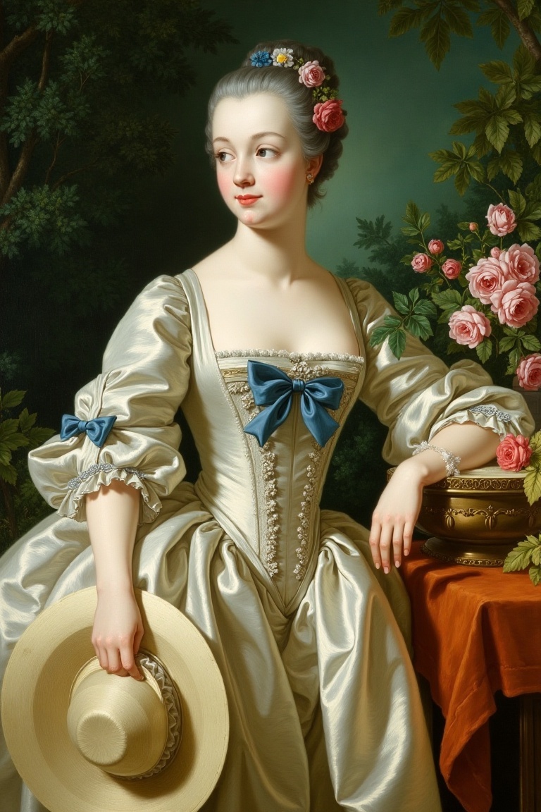 François_Boucher artstyle A detailed oil painting of a young,  fair-skinned woman with a powdered wig adorned with flowers...