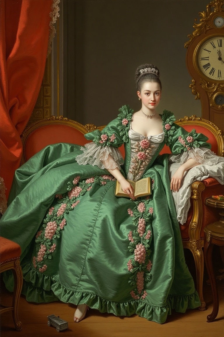 François_Boucher artstyle A detailed,  classical oil painting depicts a fair-skinned,  18th-century woman with powdered ha...