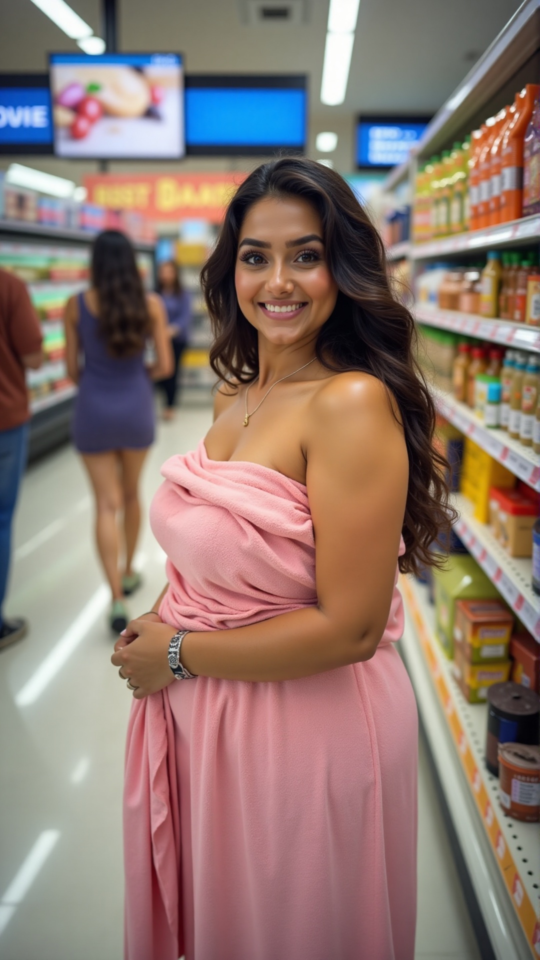 A stunning,  curvy woman in her late 20s to early 30s,  with warm tan skin and flowing dark brown hair on Tensor.Art