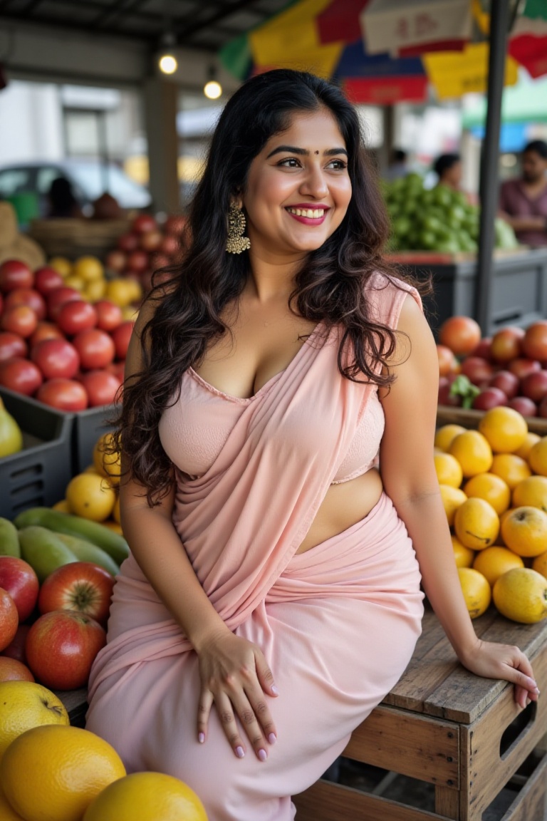 A cheerful chubby woman with thick thighs,  long,  wavy hair on Tensor.Art