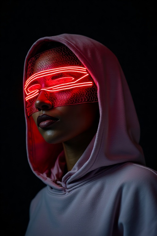 The image depicts a person wearing a futuristic hooded jacket with a sleek,  minimalist design. The individual's face is p...
