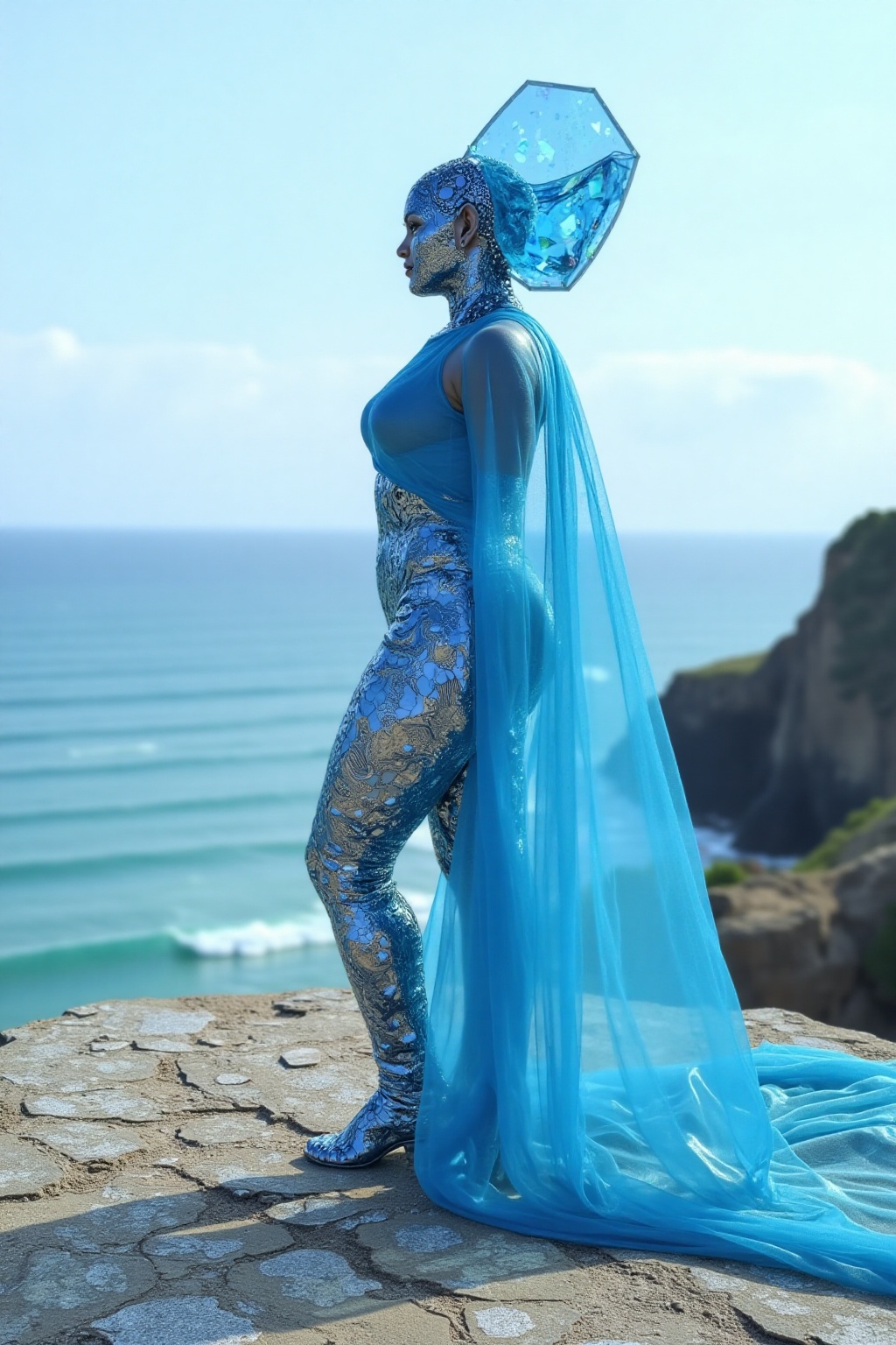 The image shows a futuristic robot standing on a rocky cliff overlooking the ocean. The robot is made of metallic and refl...