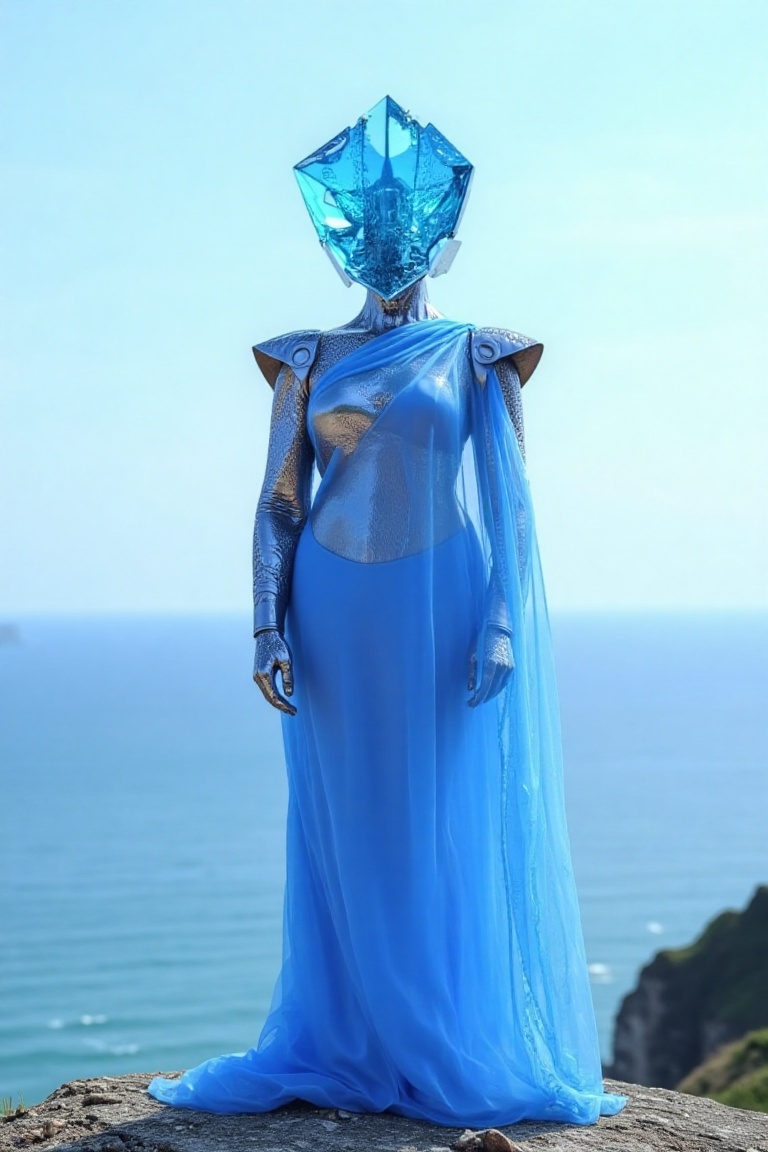 The image shows a futuristic robot standing on a rocky cliff overlooking the ocean. The robot is made of metallic and refl...