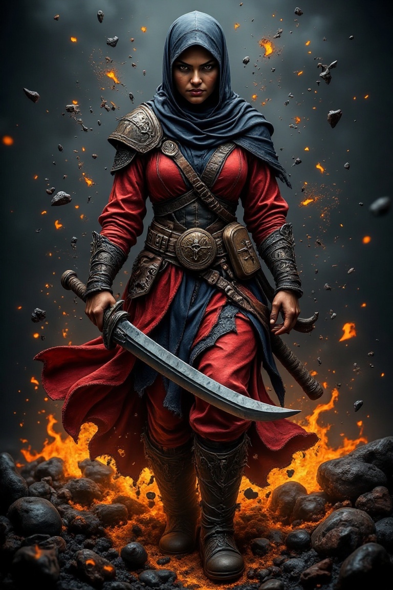 A fantasy battle atmosphere with a flame inferno-engraved background and shattered glass effect. A Malay woman in a hijab...