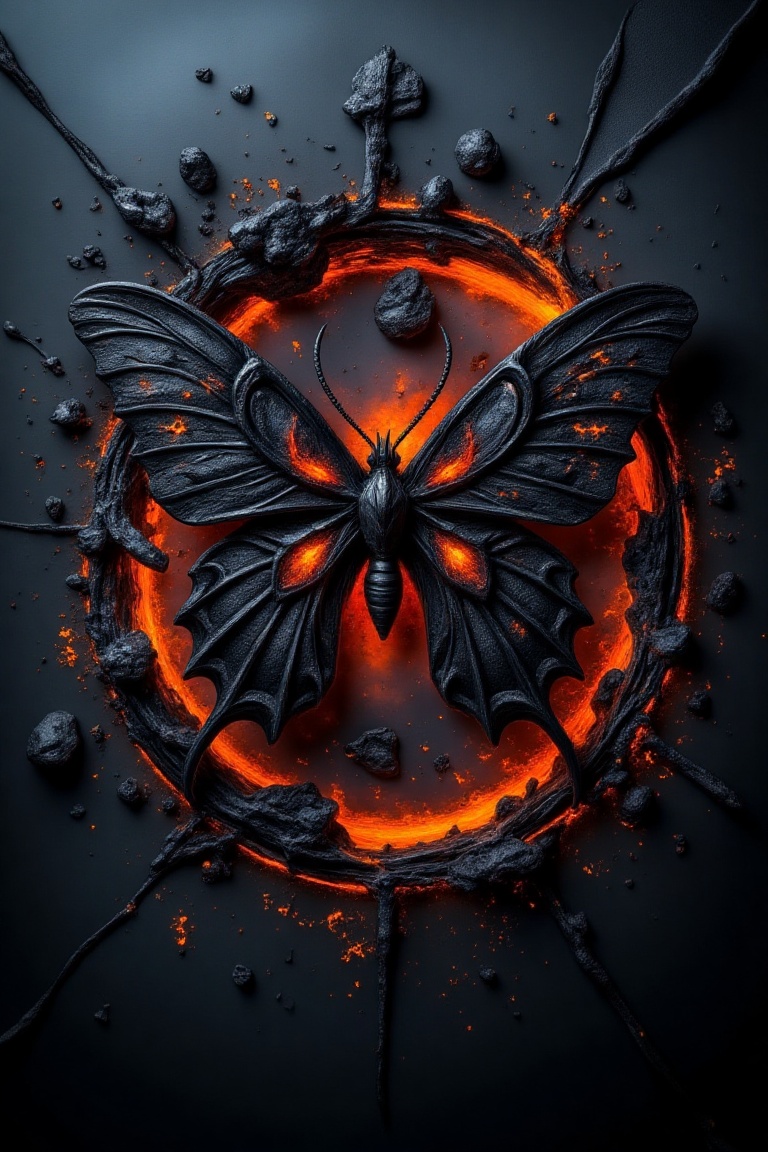 A fantasy battle atmosphere with a flame inferno-engraved background and shattered glass effect. An evil butterfly,  with...