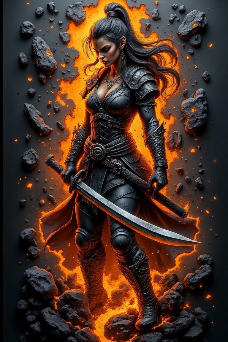 A fantasy battle atmosphere with a flame inferno-engraved background and shattered glass effect. A woman samurai stands in...