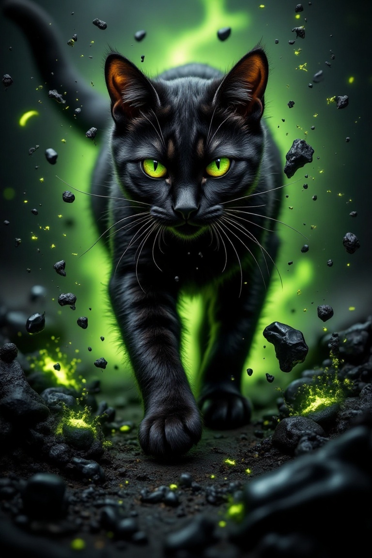 A fantasy battle atmosphere with a flame inferno-engraved background,  featuring green flames and a shattered glass effect...