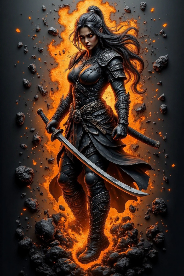 A fantasy battle atmosphere with a flame inferno-engraved background and shattered glass effect. A woman samurai stands in...