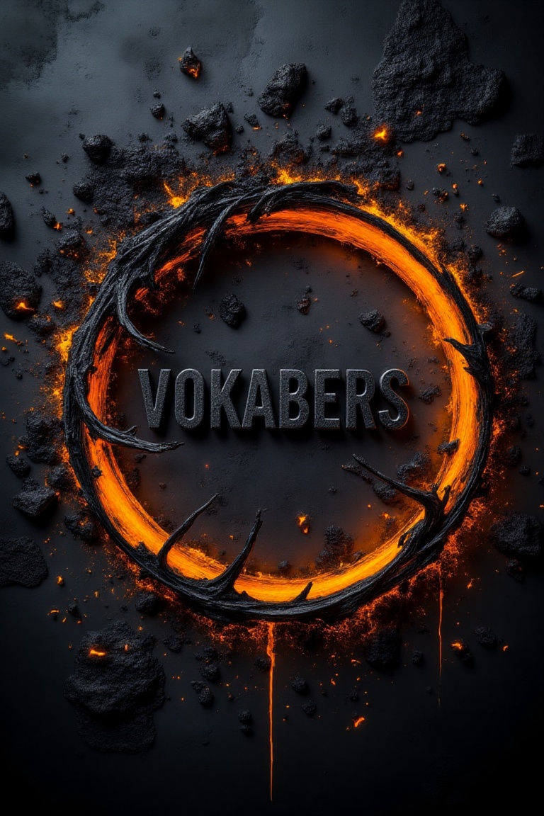 A fantasy battle atmosphere with a flame inferno-engraved background,  featuring a shattered glass effect. The text VOKABE...