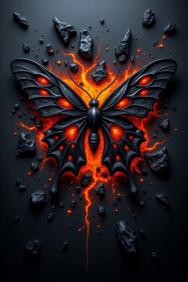 A fantasy battle atmosphere with a flame inferno-engraved background and shattered glass effect. An evil butterfly,  with...