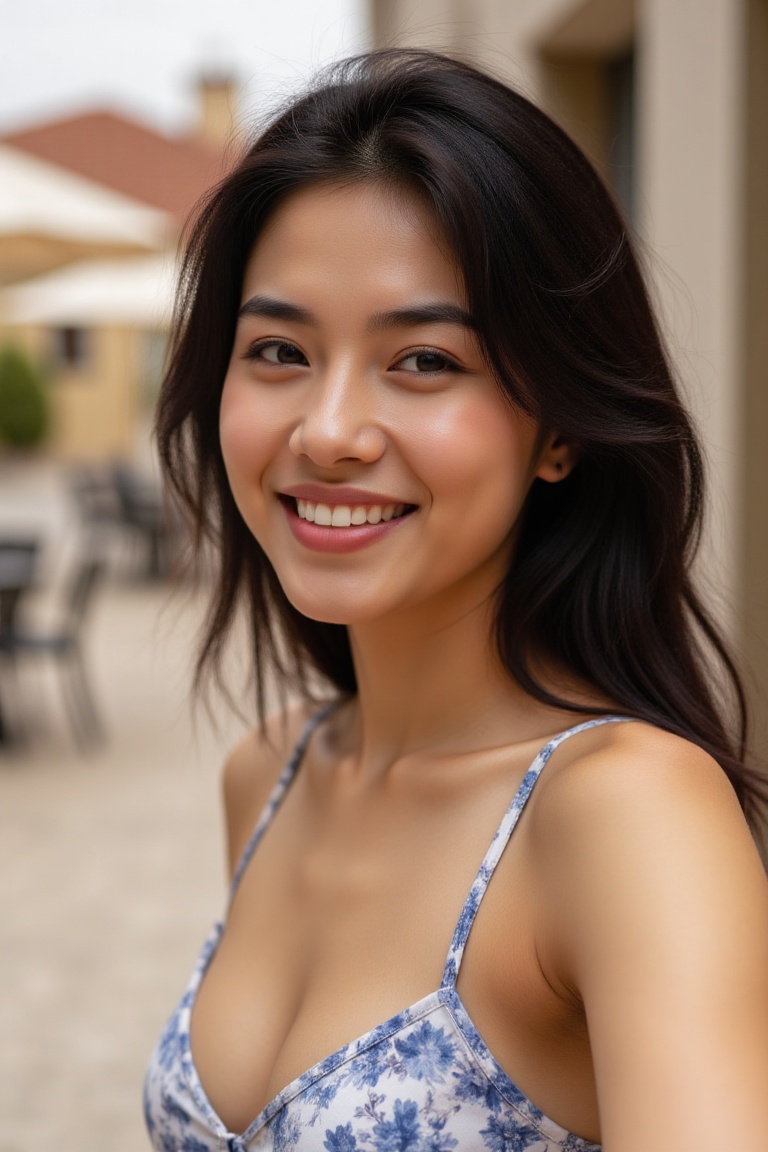 Close-up of a BB taking a selfie. BB is of mediterranean complexion with black hair that falls around her shoulders and ne...