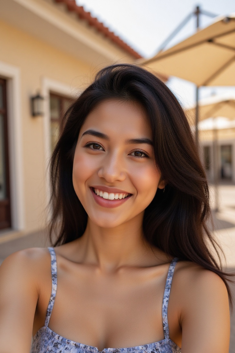 Close-up of a BB taking a selfie. BB is of mediterranean complexion with black hair that falls around her shoulders and ne...