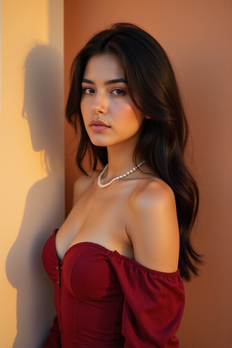 A stunningly beautiful Caucasian woman in her early twenties stands confidently against a soft,  neutral-toned backdrop. H...