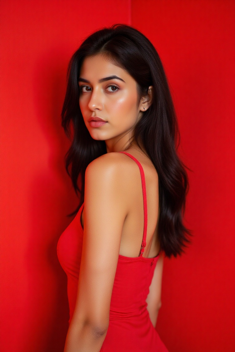 a woman with long dark hair stands in front of a vibrant red backdrop. She is wearing a sleeveless red dress,  her hair ca...