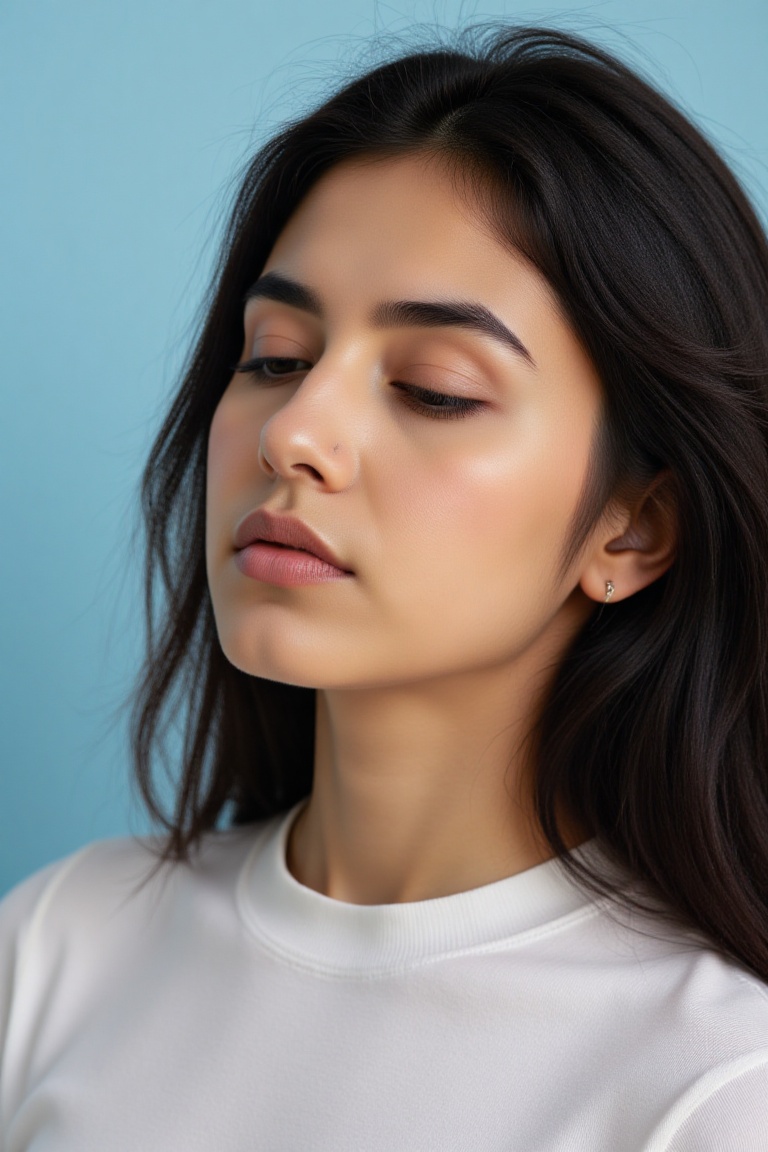 a close-up shot captures a young woman with long black hair,  wearing a white shirt.. Her eyes are closed and her lips are...