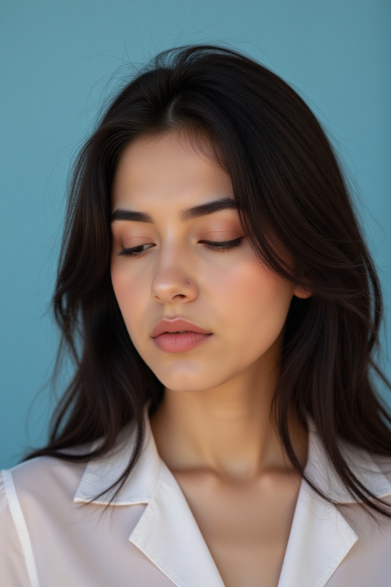 a close-up shot captures a young woman with long black hair,  wearing a white shirt.. Her eyes are closed and her lips are...