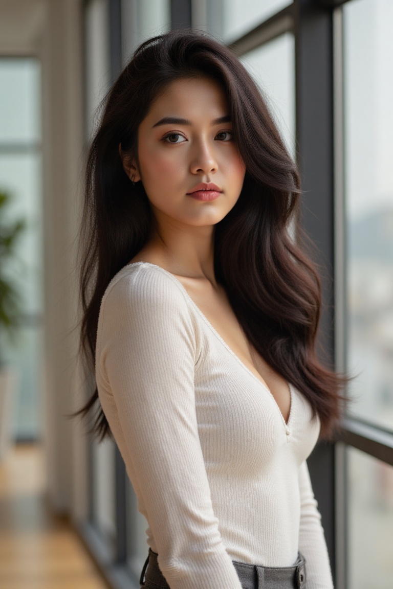 A breathtaking close-up portrait of a confident young woman with long,  flowing black hair styled in effortless beach wave...