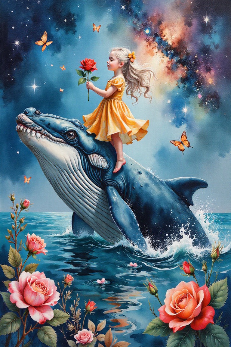 A majestic whale breaches the star-studded ocean,  gently lifting a young girl with flowing white hair and golden dress. S...