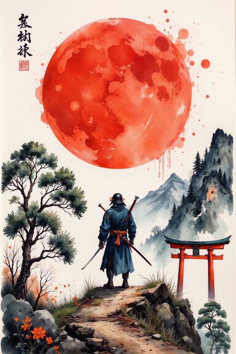 A lone samurai stands on a hill,  facing a massive red sun in the background. The scene is painted in Japanese ink style,...