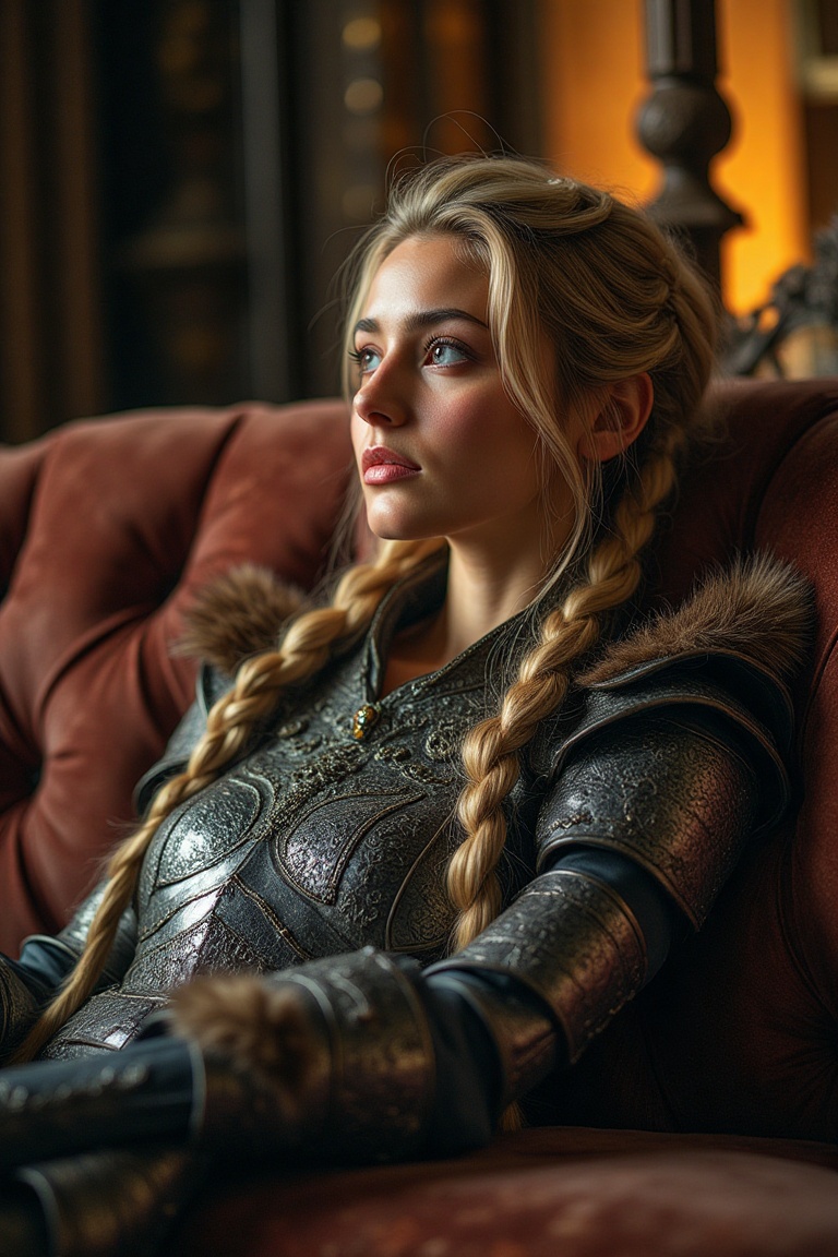 A beautiful queen with long braided blonde hair,  wearing elegant ornate armor with fur accents,  blue eyes gazing thought...