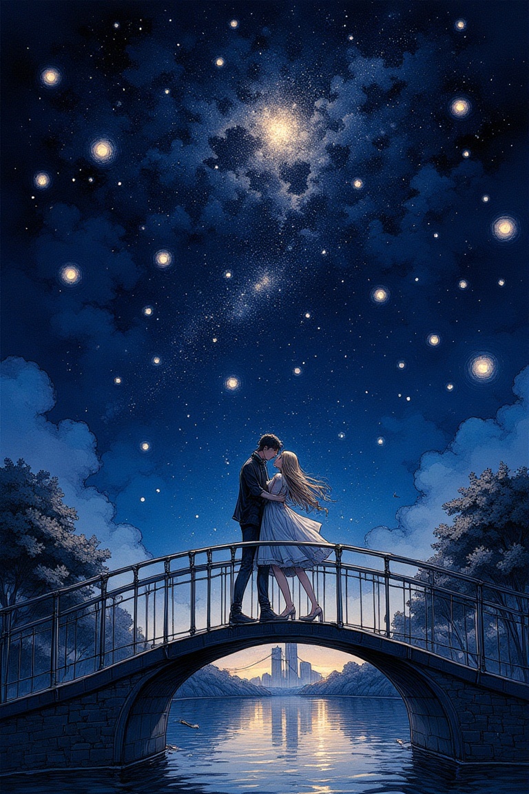 A pair of star-crossed lovers embracing on a bridge under the magical glow of fireflies,  sketch,  masterpiece on Tensor.Art