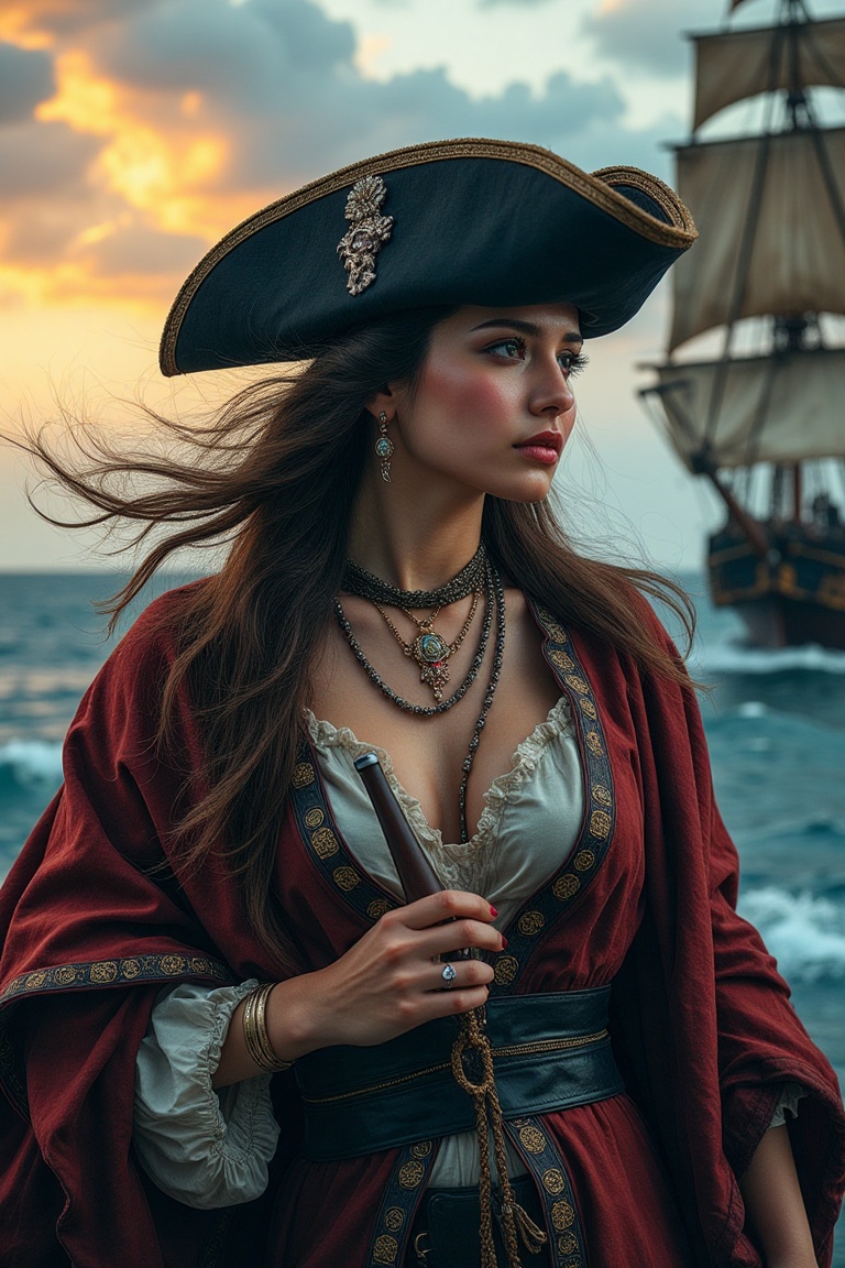A majestic female pirate stands at the ship's edge,  her long,  wavy hair flowing in the sea breeze like the richly detail...