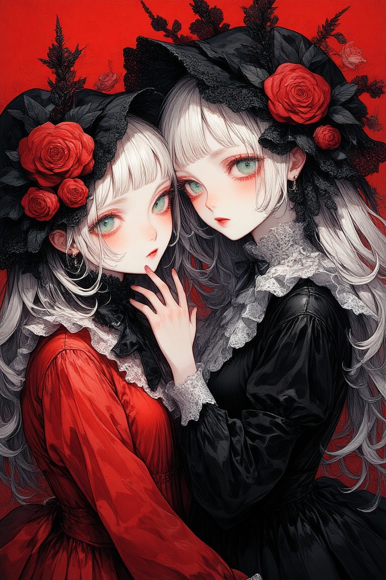 two women with white hair and red roses on their heads,  one of them is hugging the other's head,  a detailed painting on...