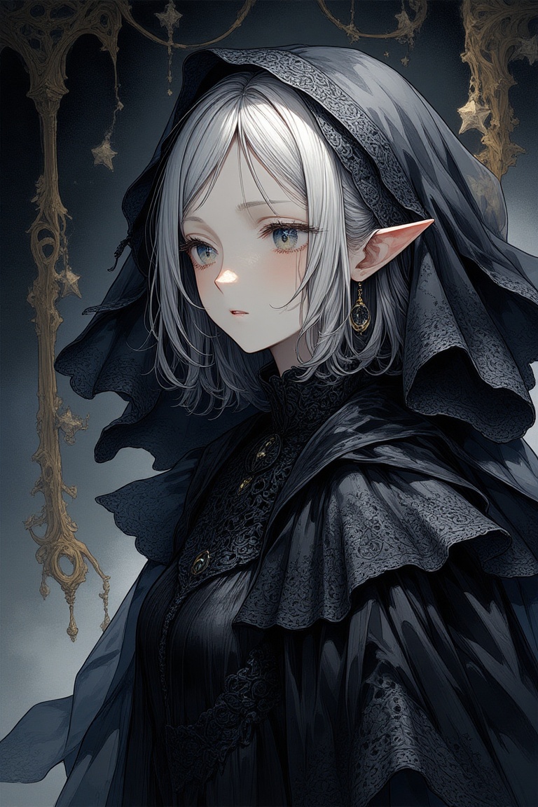 gray hair,  black witch clothes,  moon earrings on Tensor.Art