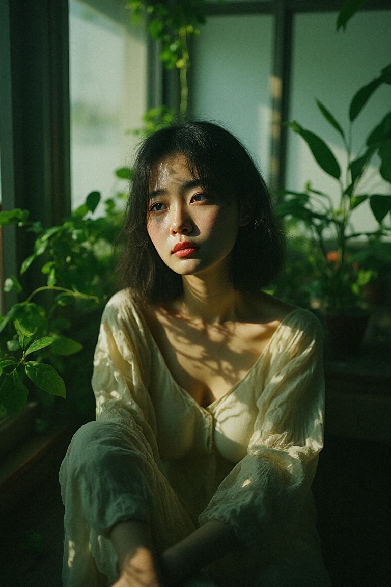 An Asian girl sits amidst lush greenery,  surrounded by the soft glow of dappled sunlight streaming through a window. She'...