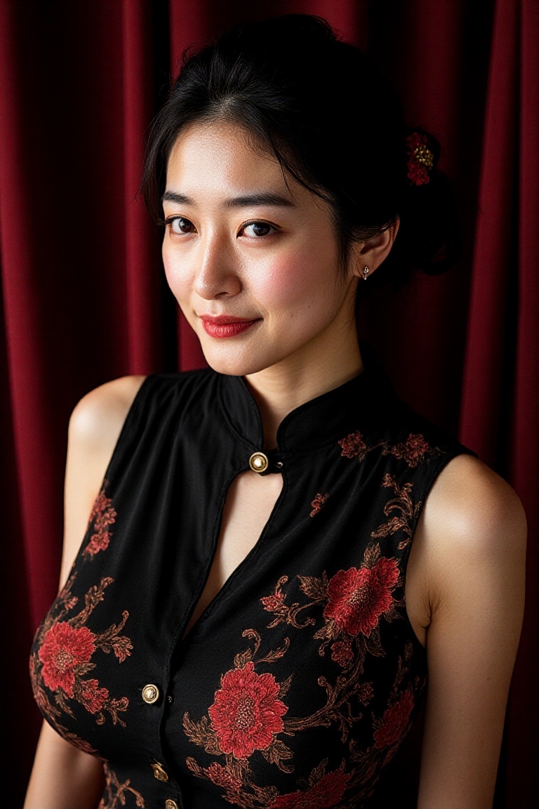 Young Asian woman,  20s,  in a traditional Chinese cheongsam. The cheongsam is a sleeveless on Tensor.Art