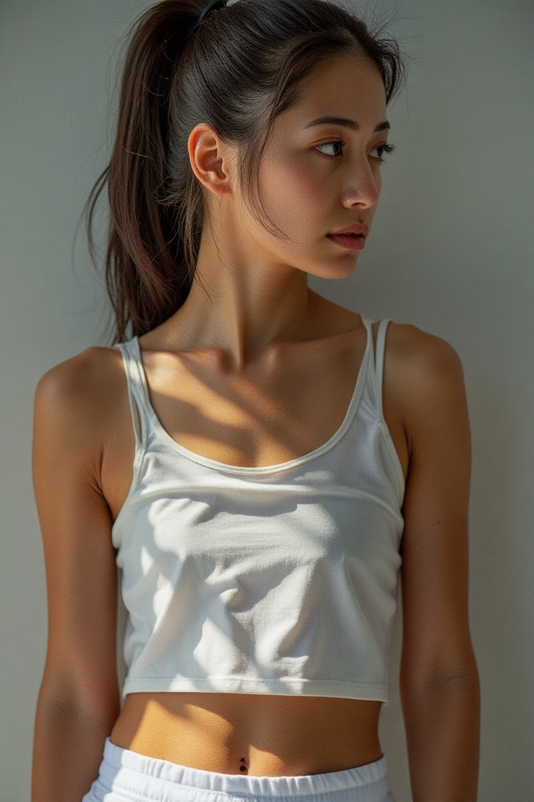 European female ,  Supermodel,  extremely beautiful in gym suit white thin crop top on Tensor.Art