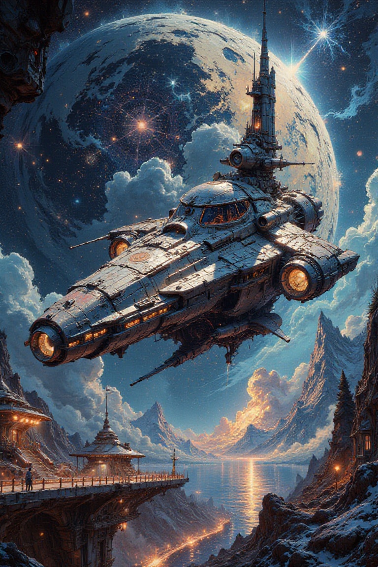 A hyper-realistic and cinematic artwork of a futuristic spaceship with a robust and angular design,  illuminated by the gl...