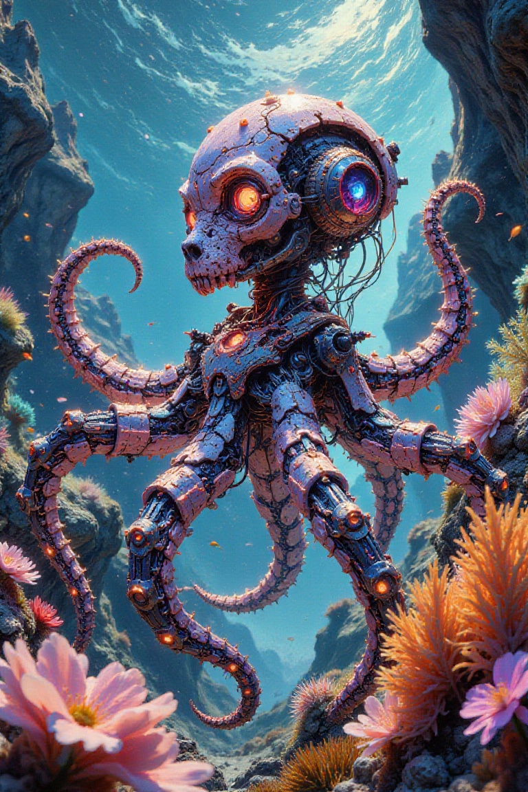 A mesmerizing close-up shot frames the mechanical octopus perched on a vibrant coral reef. The humanoid head's intricate d...