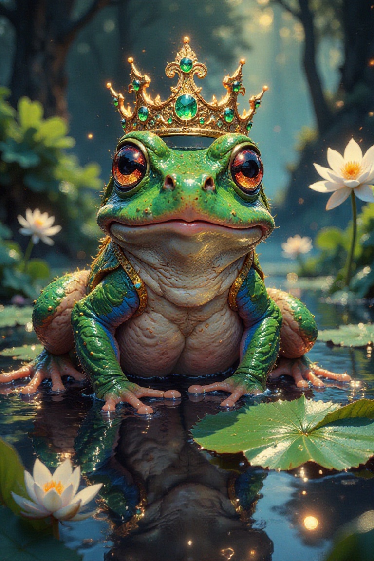 A delicate,  close-up portrait of a majestic frog donning a radiant crown adorned with emeralds on a bed of dew-kissed ski...