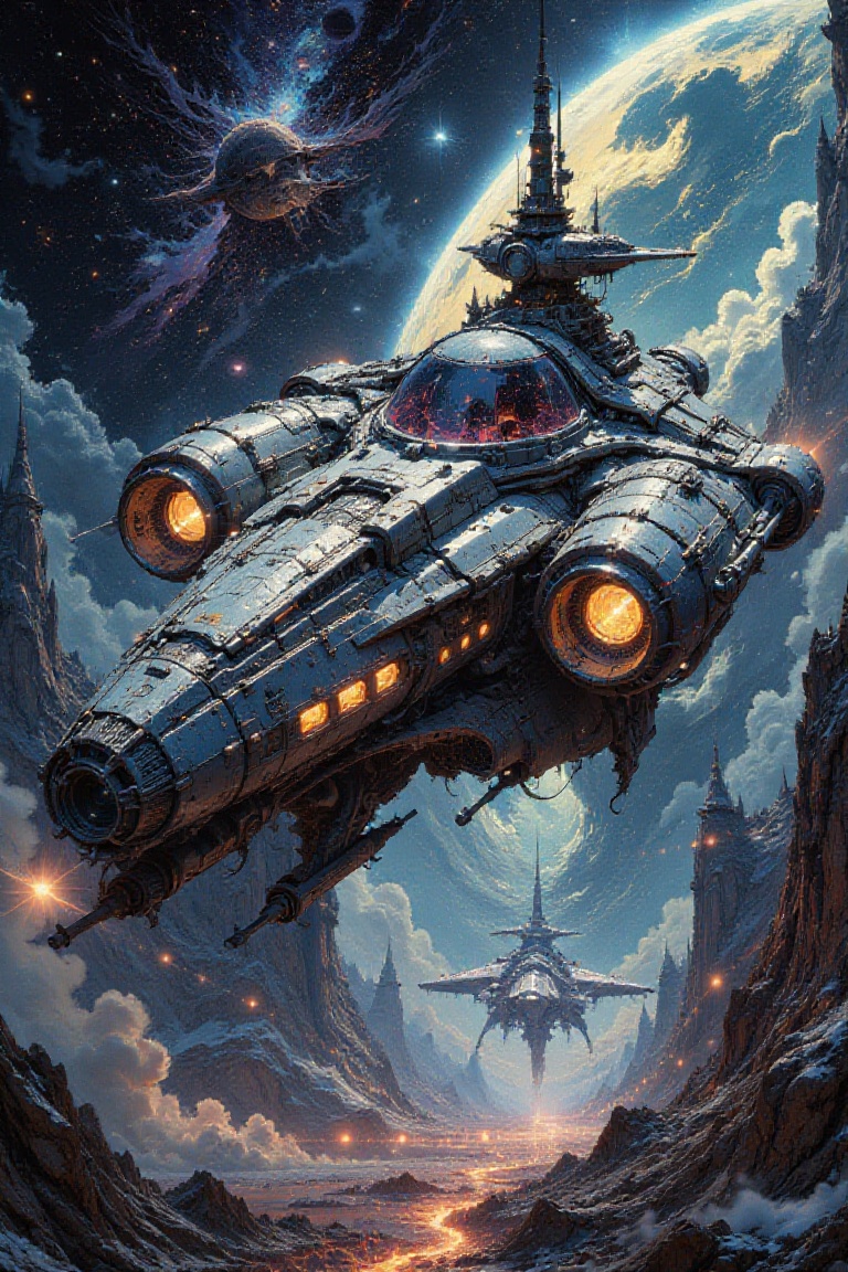 A hyper-realistic and cinematic artwork of a futuristic spaceship with a robust and angular design,  illuminated by the gl...