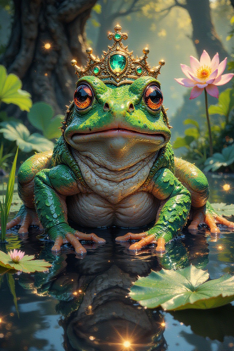A delicate,  close-up portrait of a majestic frog donning a radiant crown adorned with emeralds on a bed of dew-kissed ski...