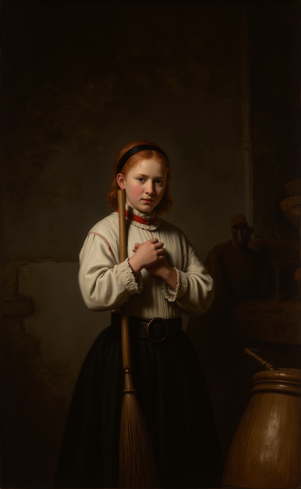 Rijnesque style. A young girl with a solemn expression,  her reddish-brown hair,  which is tied back with a headband. She...