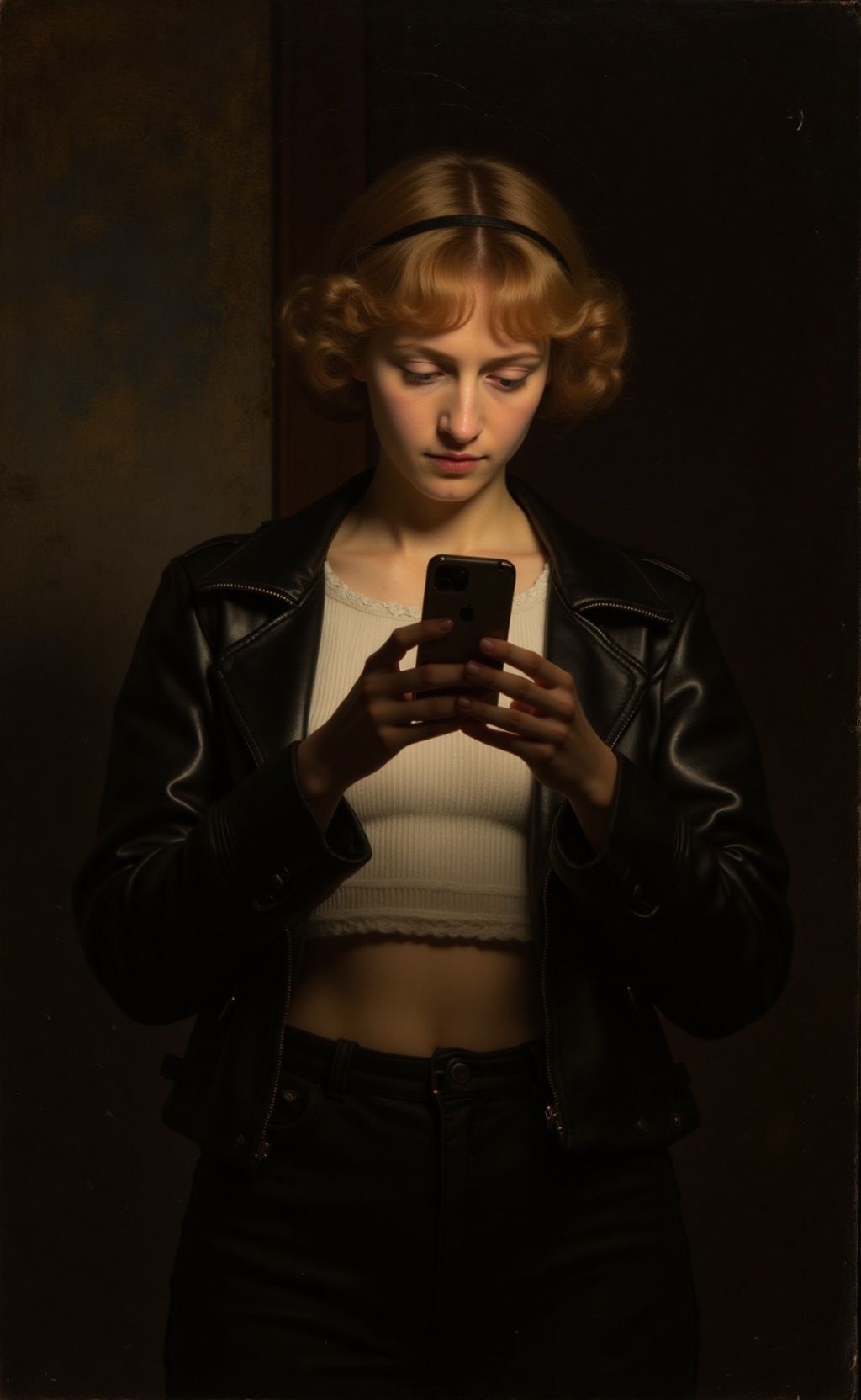 Rijnesque style,  a young woman. Her short hair is strawberry blonde. She is wearing a crop top under a leather jacket. Sh...