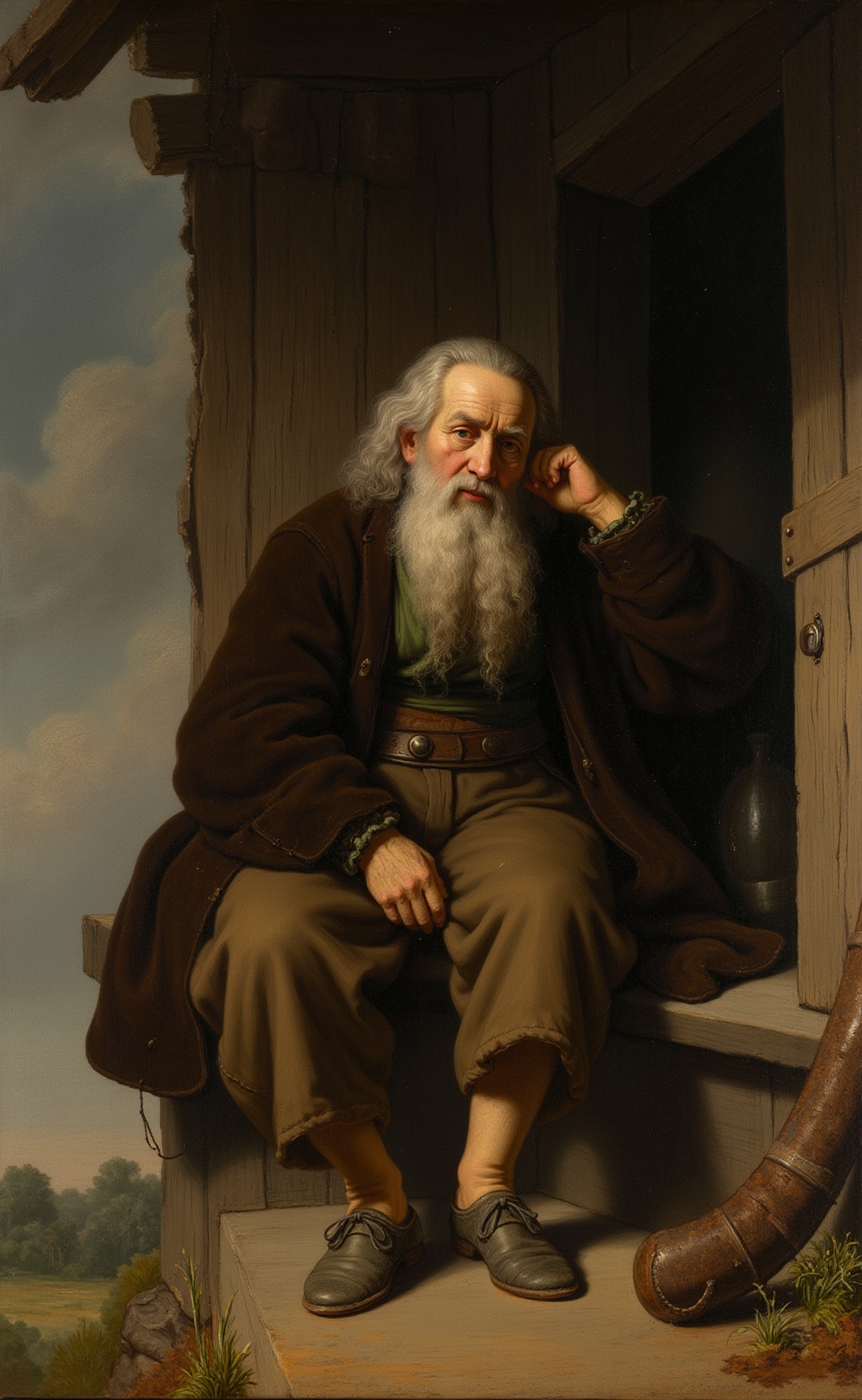 Rijnesque style. Old man with a long,  unkempt white beard and a weathered face,  sitting on a dilapidated wooden porch. H...