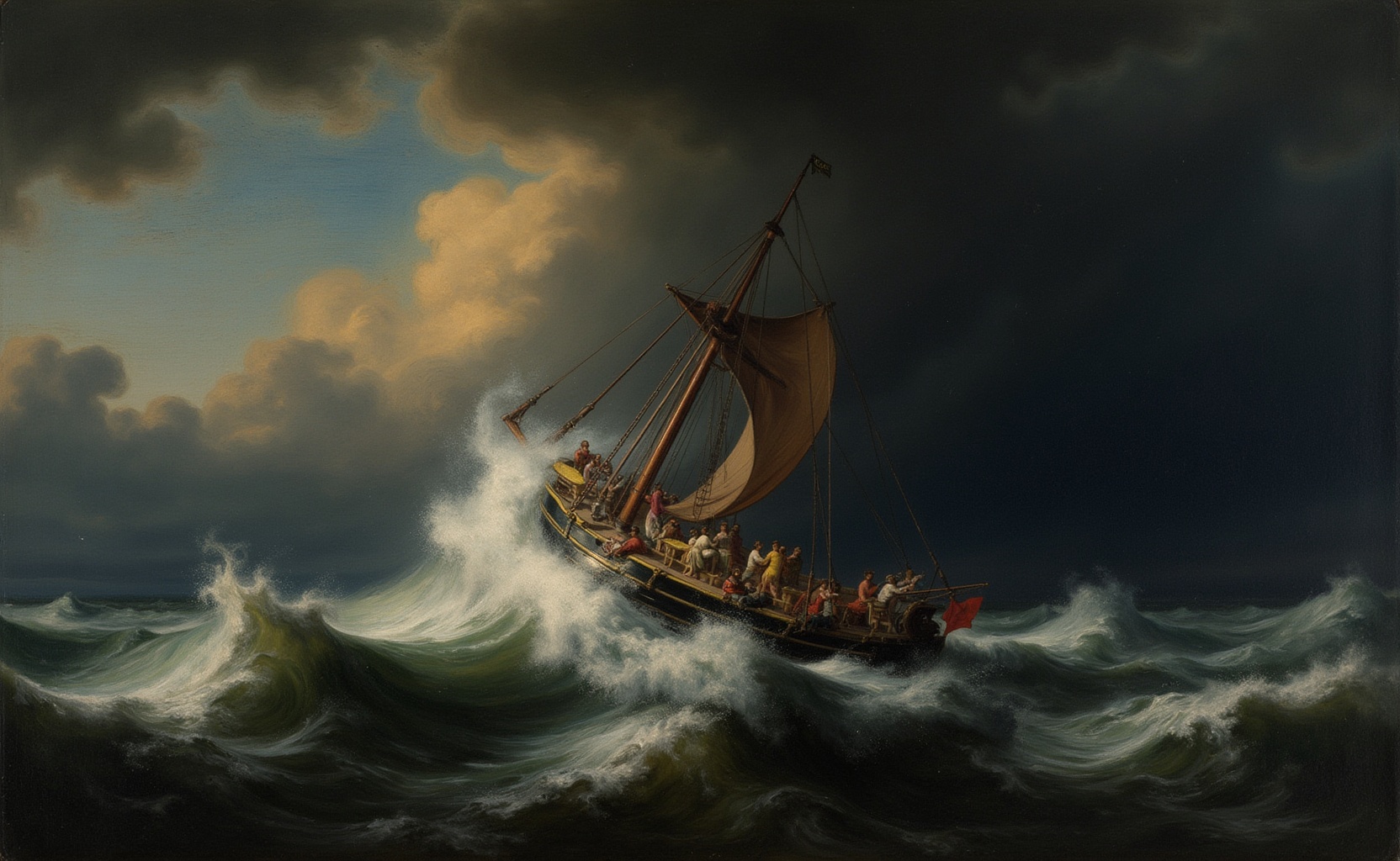 Rijnesque style. A stormy sea,  dramatic lighting,  one ocean liner struggling against the waves on Tensor.Art