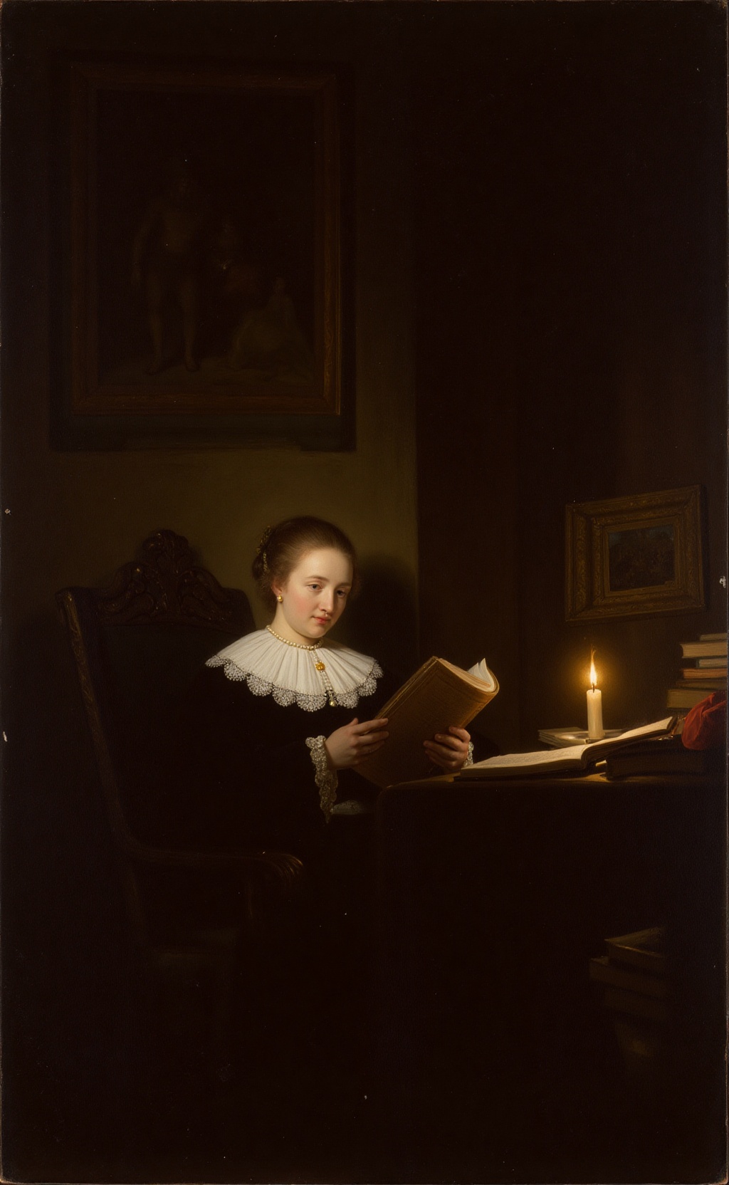 Rijnesque style,  a woman reading by candlelight,  deep shadows on Tensor.Art
