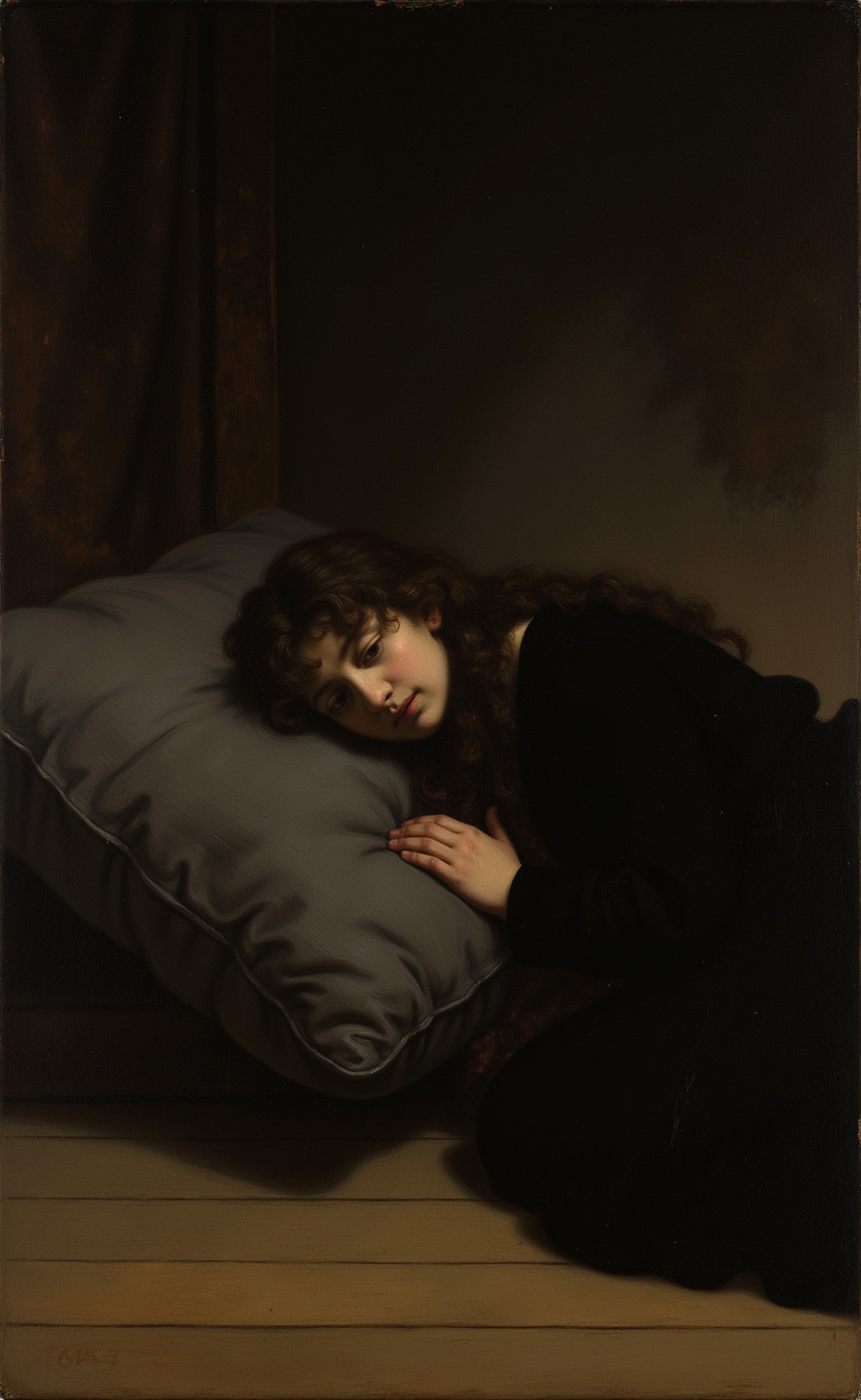Rijnesque style. Nighttime. A young woman lying on the floor with her head resting on a gray,  textured sofa cushion. She...