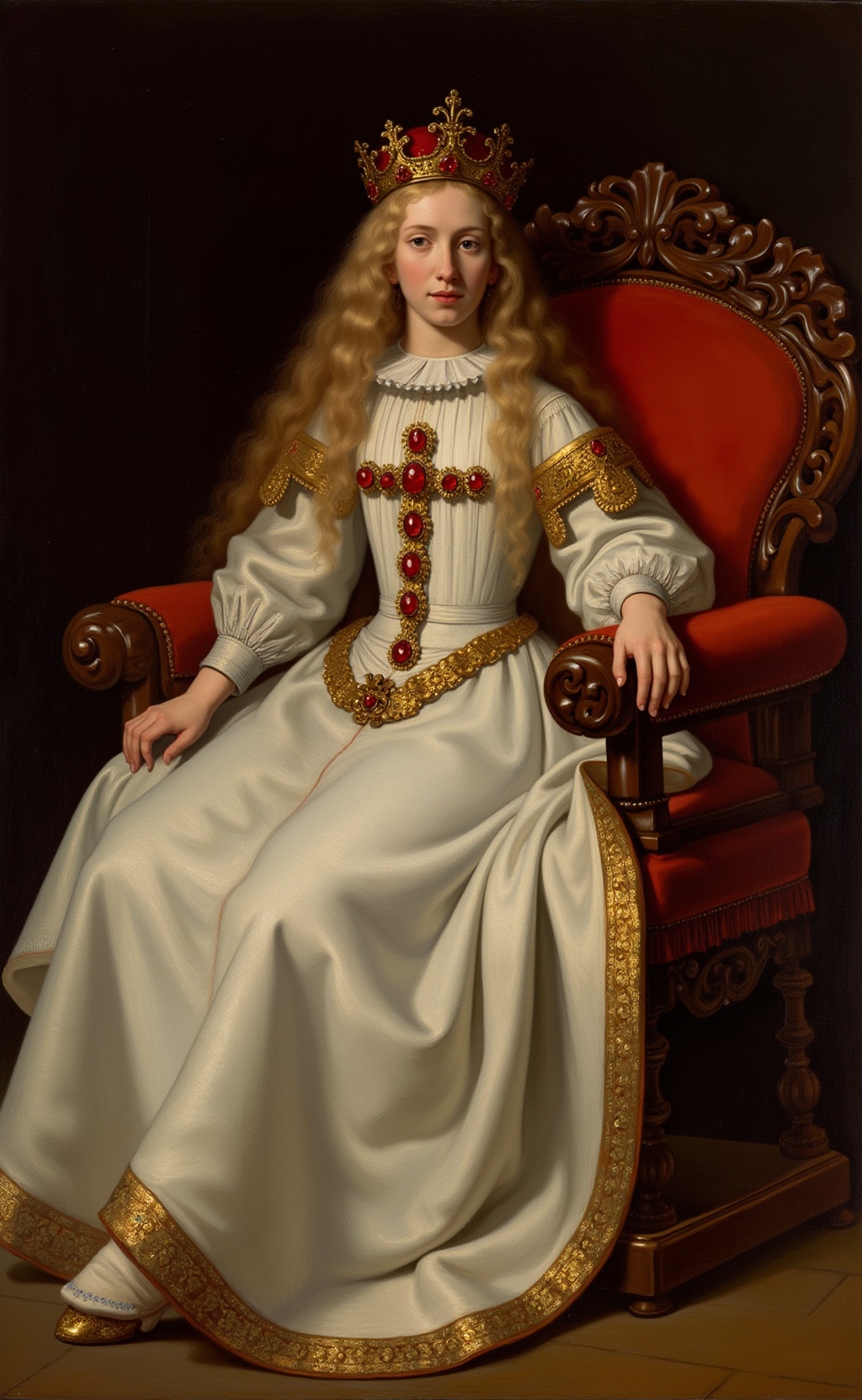 Rijnesque style. A young woman seated on an ornate,  red velvet throne. The woman,  who appears to be of noble or royal de...