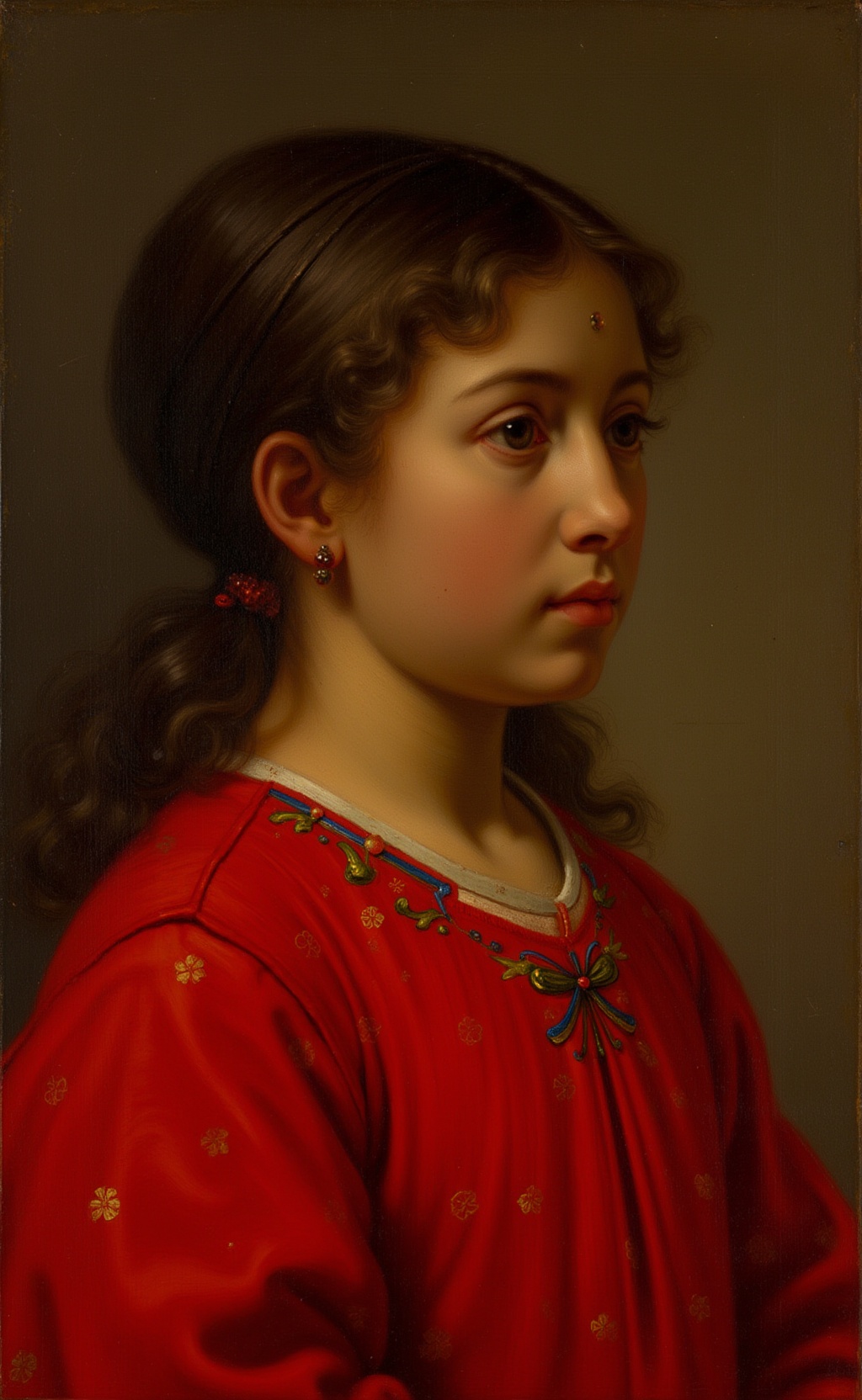 Rijnesque style. A young girl standing. We see her in three quarter profile. The girl has medium brown skin and dark brown...