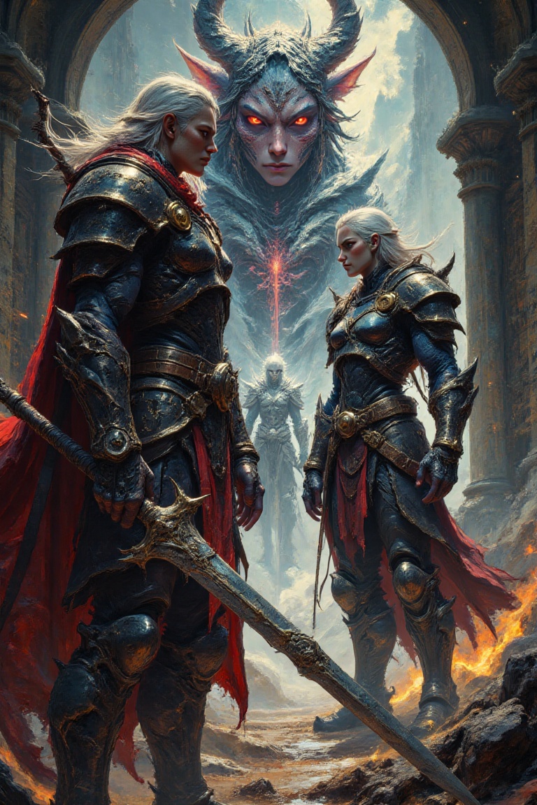 A masterpiece of photorealistic artistry depicts a mythic warrior scene from waist-level,  where the blurred hand holding...