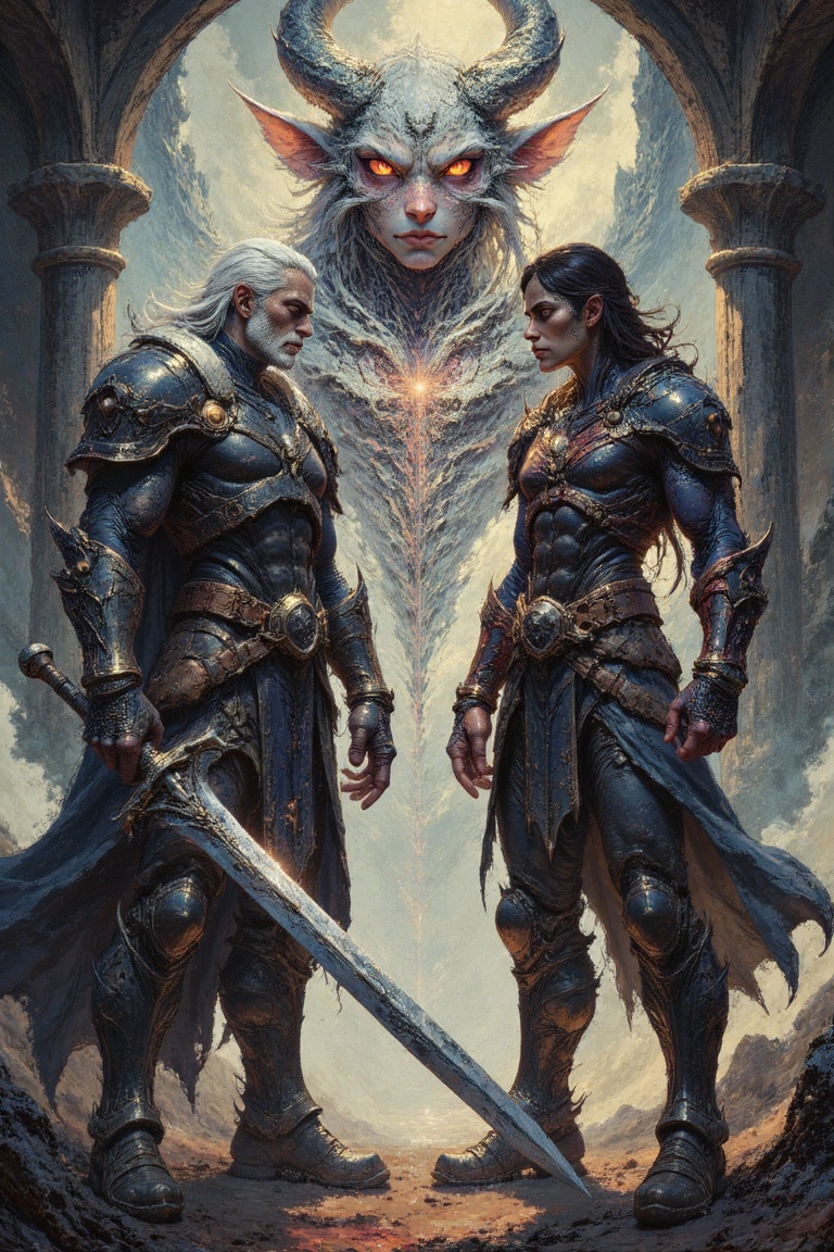 A masterpiece of photorealistic artistry depicts a mythic warrior scene from waist-level,  where the blurred hand holding...