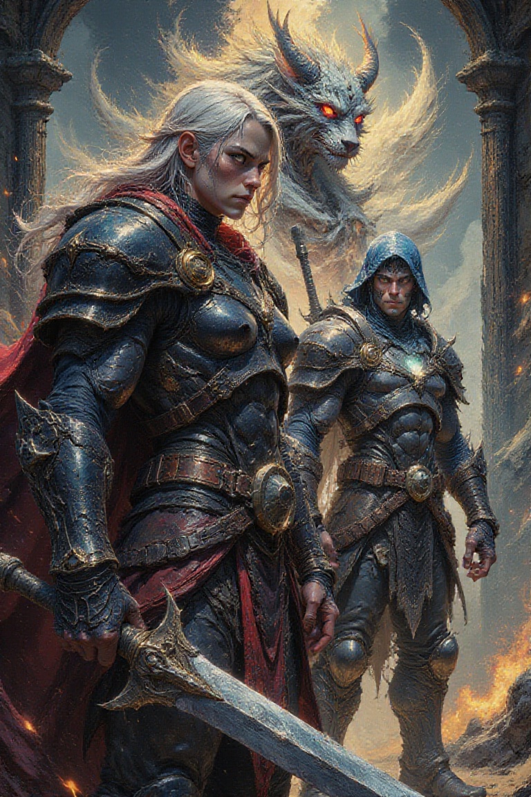 A masterpiece of photorealistic artistry depicts a mythic warrior scene from waist-level,  where the blurred hand holding...