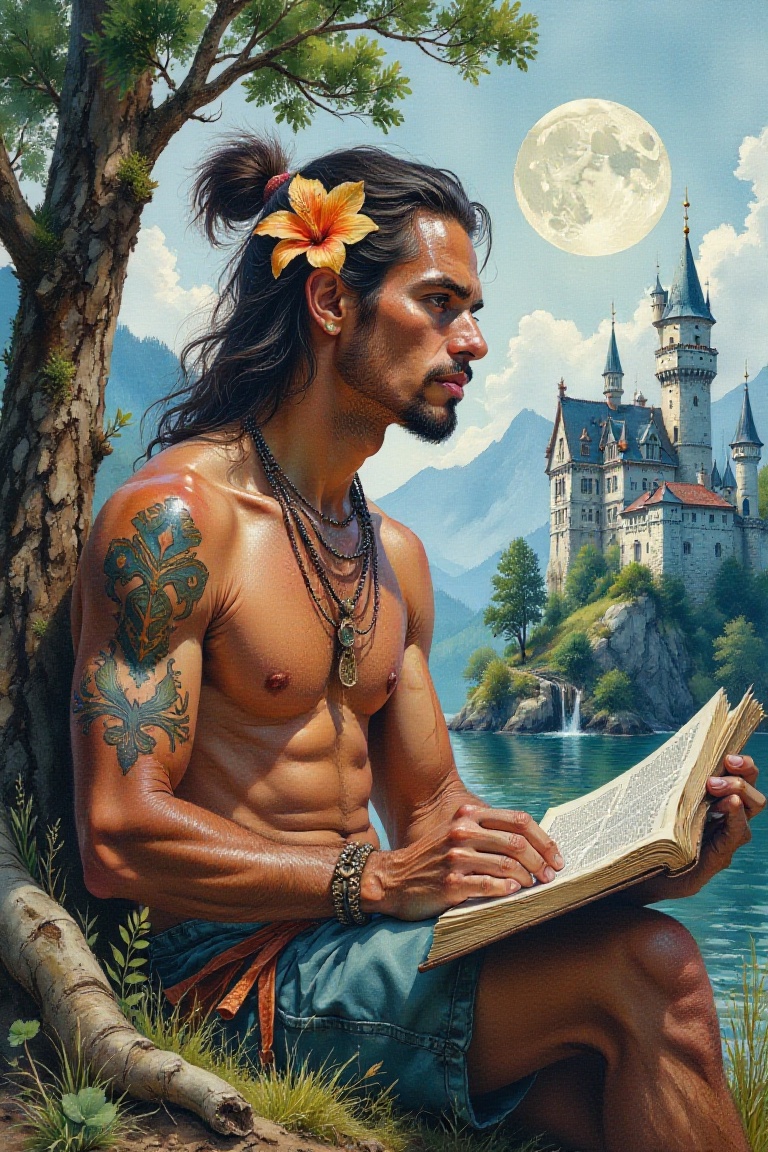 Water color painting,  shoulder-level shot of a Micronesian ,  he is Camping on Tensor.Art